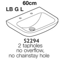 Portman 21 600 x 480 Basin - White / 2 tapholes no overflow, no chainhole